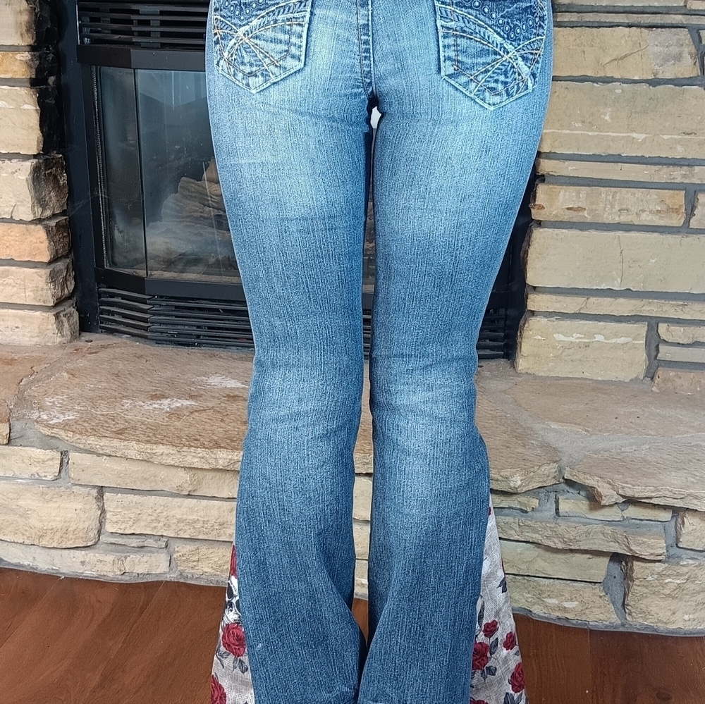 Upcycled, Wallflower Size 3 Flared Jeans Handmade Roses & Skulls Jeweled Lace - Picture 14 of 15